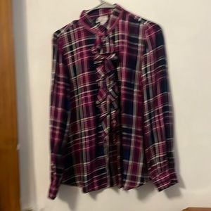 Chicos 4/6 Purple, plaid, button down, frilly blouse